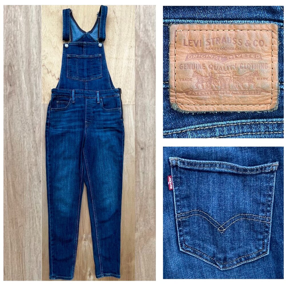 LEVIS PREMIUM BIB OVERALLS WOMEN’S sz W27 Blue Dark Washed Classic Retro Denim